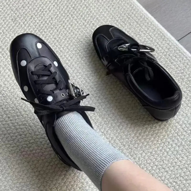 Korean Style Black Polka Dot Sneakers Women Spring 2026 Luxury Metal Decoration Designer Vulcanize Shoes Woman's Sports Shoes