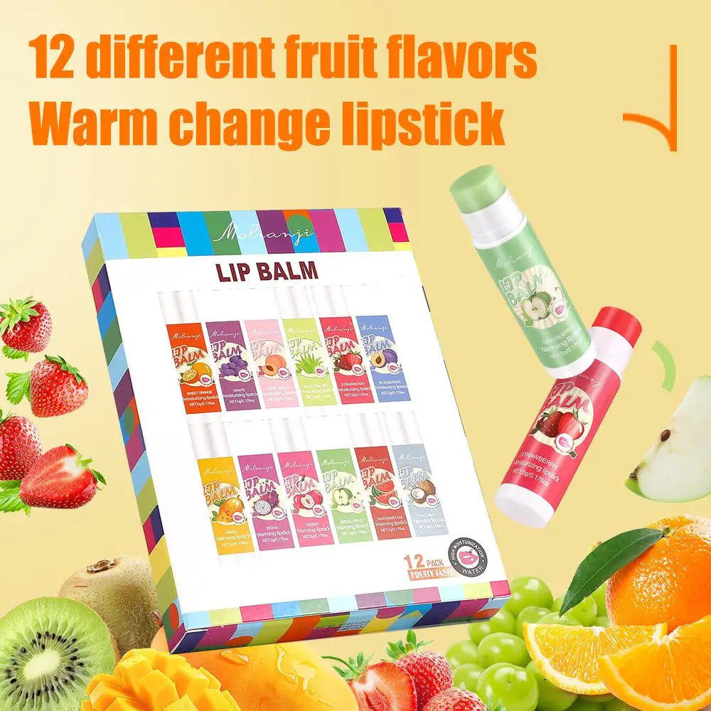 12pcs Moisturizing Lipstick Set, Hydrating Lip Care Suitable For All Skin Types, Fruit Lipstick Lip Balm Set