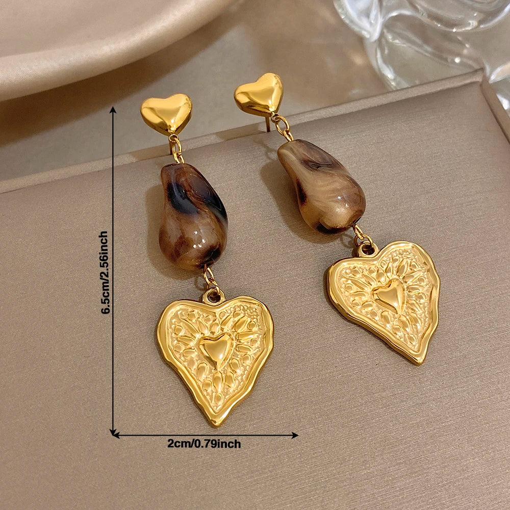 Greatera Caramel Amber Patterned Irregular Heart Earrings For Women Charm Stainless Steel Waterproof Popular Ear Accessories New