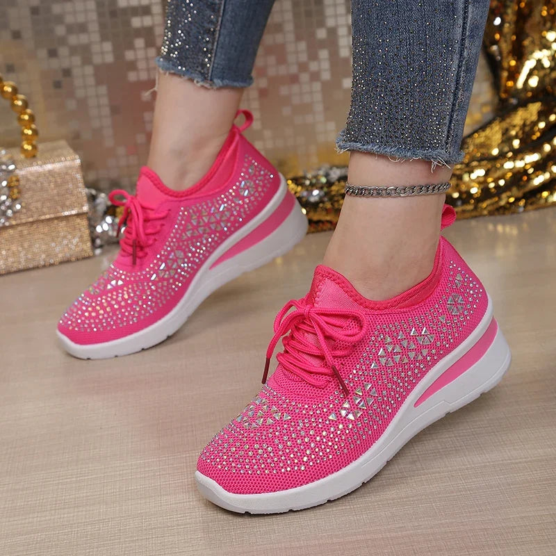 Women's Rhinestone Embellished Knit Mesh Wedge Sneakers, Adjustable Lace-Up Closure, Daily Walking Casual Footwear