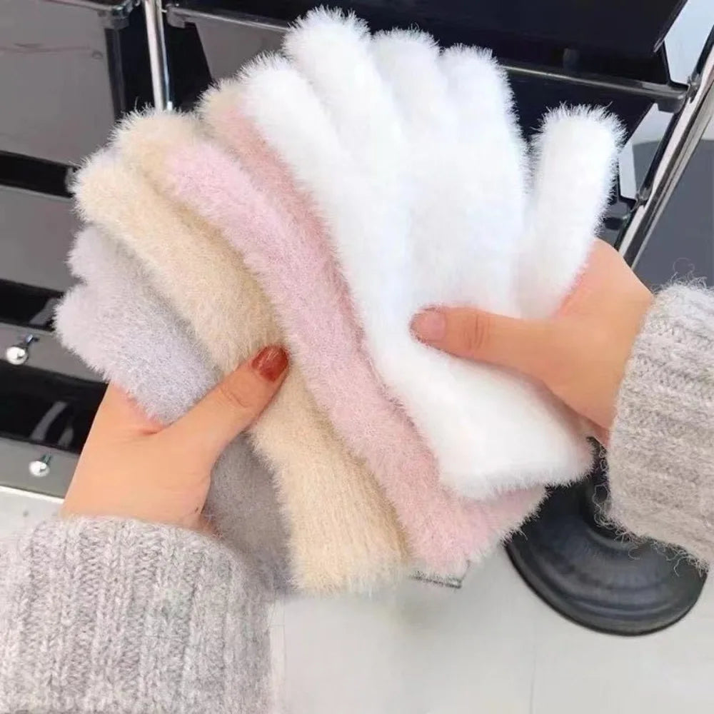 Fashion Winter Mink Velvet Five Finger Gloves Plush Warm Cold-proof Gloves Women Outdoors Cycling Solid Color Winter Gloves