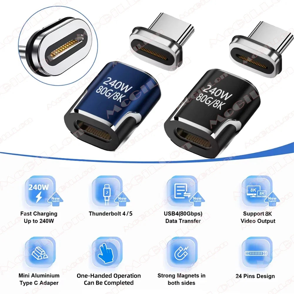 240W USB4.0 80Gbps Thunderbolt5 Magnetic Type-C OTG USB C To USB-C Fast Charge Magnet Converter Cable 8K@60Hz USB Type C Adapter