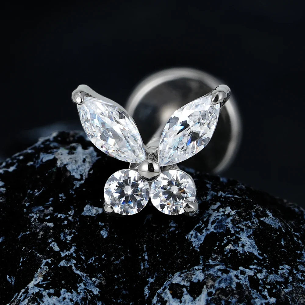Right Grand ASTM F136 Titanium 16G Mini Butterfly CZ Labret Tragus Cartilage Conch Forward Helix Stud Nose Piercing Body Jewelry