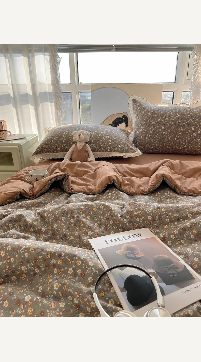 Summer Quilt Korean Style Duvet with Lace Single/Queen Size Comforter Flower Printed Quilted Blanket 여름이불 (No Pillowcase)