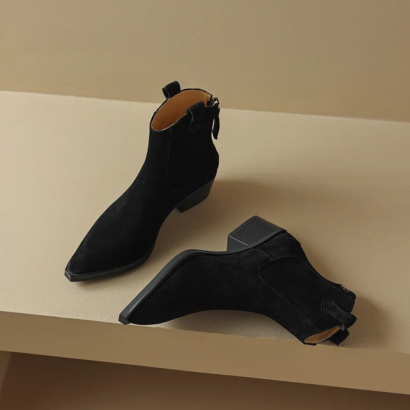 New 2025 Trend Autumn Winter Cow Suede Women Western Boots Black Brown Khaki Purple Green Burgundy Pointed Toe Lady Ankle Boots