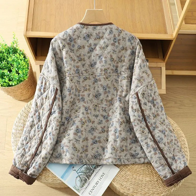 Korean Style Retro Floral Cotton Jacket For Women's Autumn Spring 2026 Fashion,Warm Round Neck Short Quilted Top w1519
