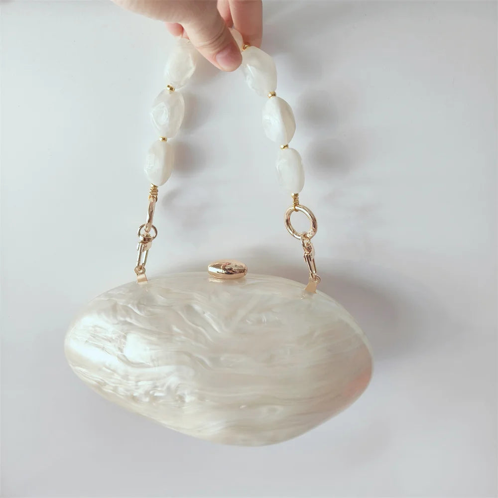 Oval Marble Beige Shell Acrylic Luxury Elegant Lady Evening Bag | Cute Handbag & Wedding Girl Female Mini Purse