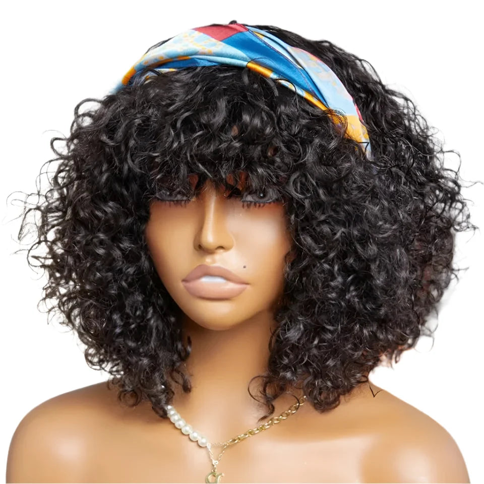 Highlight Honey Blonde Jerry Curly Pixie Bob Wig with Bangs | Full Machine Made Human Hair