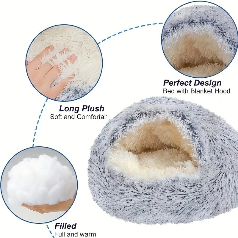 Plush Hooded Cat Cave Bed Round Semi‑Enclosed Shell Pet Nest Washable Anti‑Slip Warm All Season Sleeping Bed For Cats Small Dogs
