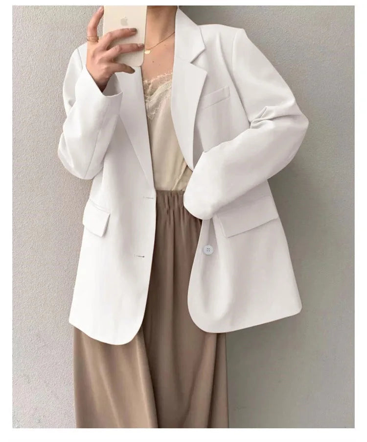 Mid Length Blazer Jacket Women Solid Long Sleeve Pocket Lapel Single Beasted Formal Coat Outerwear Loose Work Casual Blazers