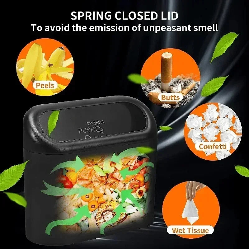 The covered car trash can contains 3 black garbage bags. The small car trash can is leak proof and miniature
