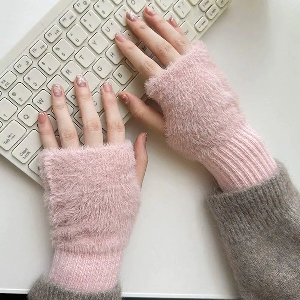 Half-finger Plush Winter Gloves Touch Screen Cold-proof  Warm Fingerless Knitted Wrist Guard Student Office Writing Work Outdoor
