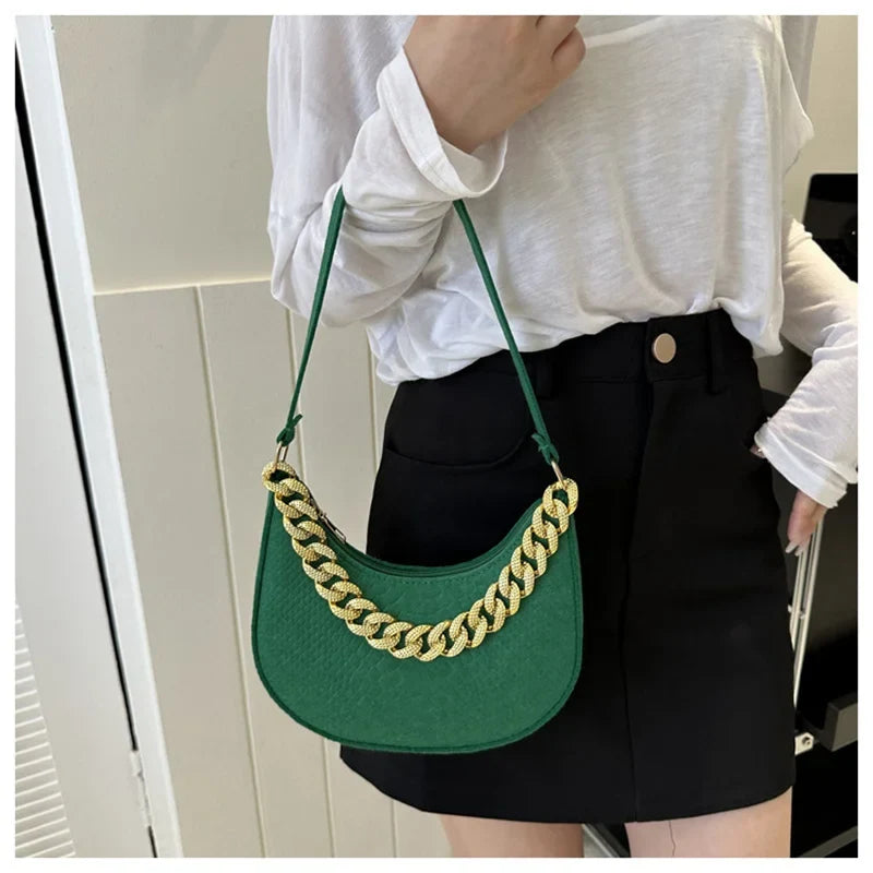Fashion Women's Felt Handbag | Imitation Metal Chain Underarm Bag (Retro Ladies Solid Color Shoulder Bag, Trendy Casual Clutch Purse)