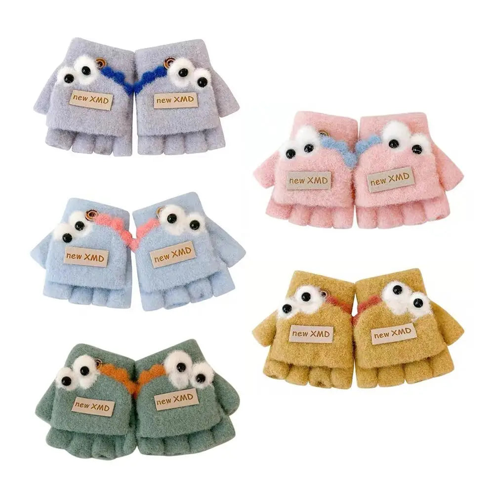 Cartoon Autumn Winter Gloves Cold Proof Windproof Baby Children Half Finger Flap Gloves Thickened Hand Warmer