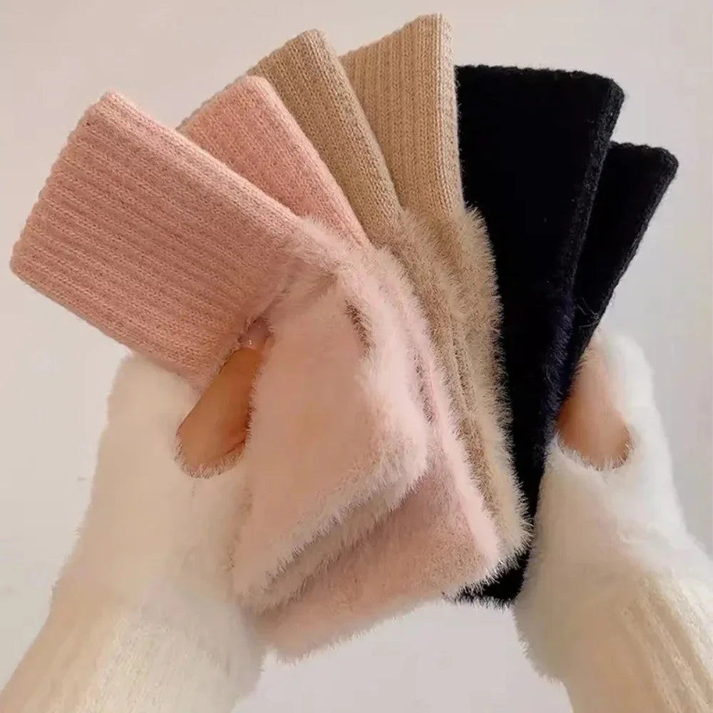 Soft Winter Half Finger Gloves Women Warm Luxury Solid White Plush Knitted Fingerless Gloves Wrist Mitten Writing Winter Gloves