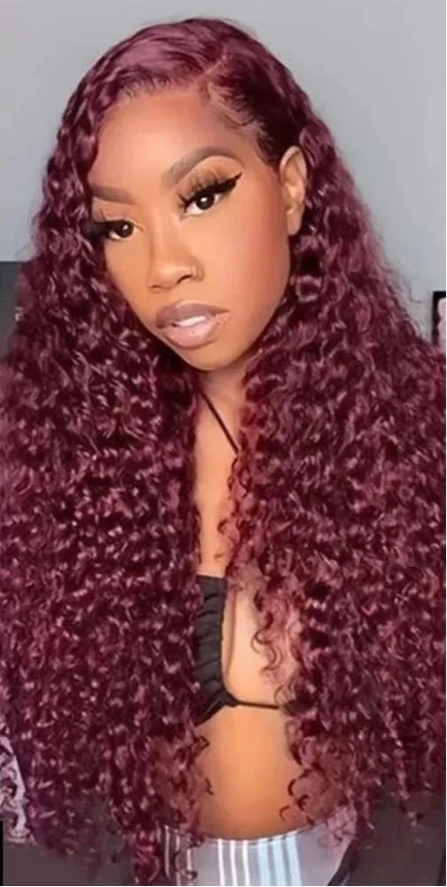 30 Inch Burgundy 99J Curly Human Hair Wig | 13x6 Lace Frontal | 200% Density