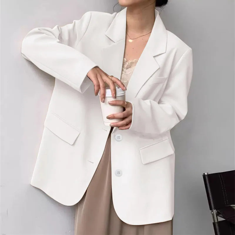 Mid Length Blazer Jacket Women Solid Long Sleeve Pocket Lapel Single Beasted Formal Coat Outerwear Loose Work Casual Blazers