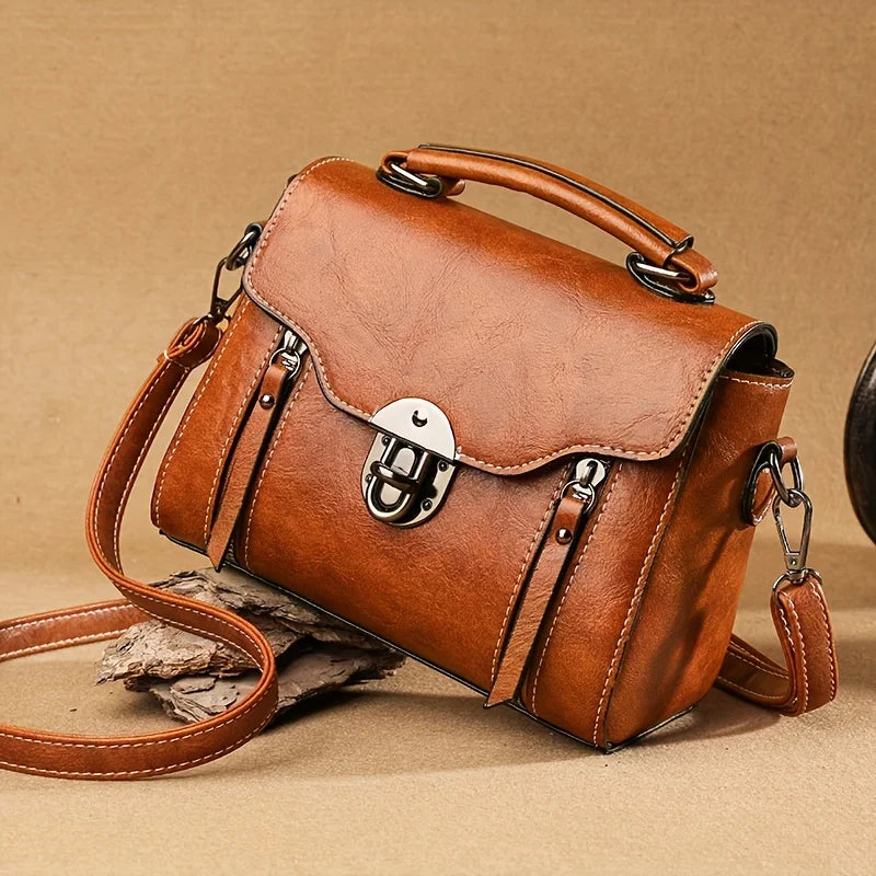 Vintage Turn-Lock Square Satchel Bag for Women | Classic PU Leather Shoulder & Crossbody Handbag (Everyday Tote, Secure Travel Purse)