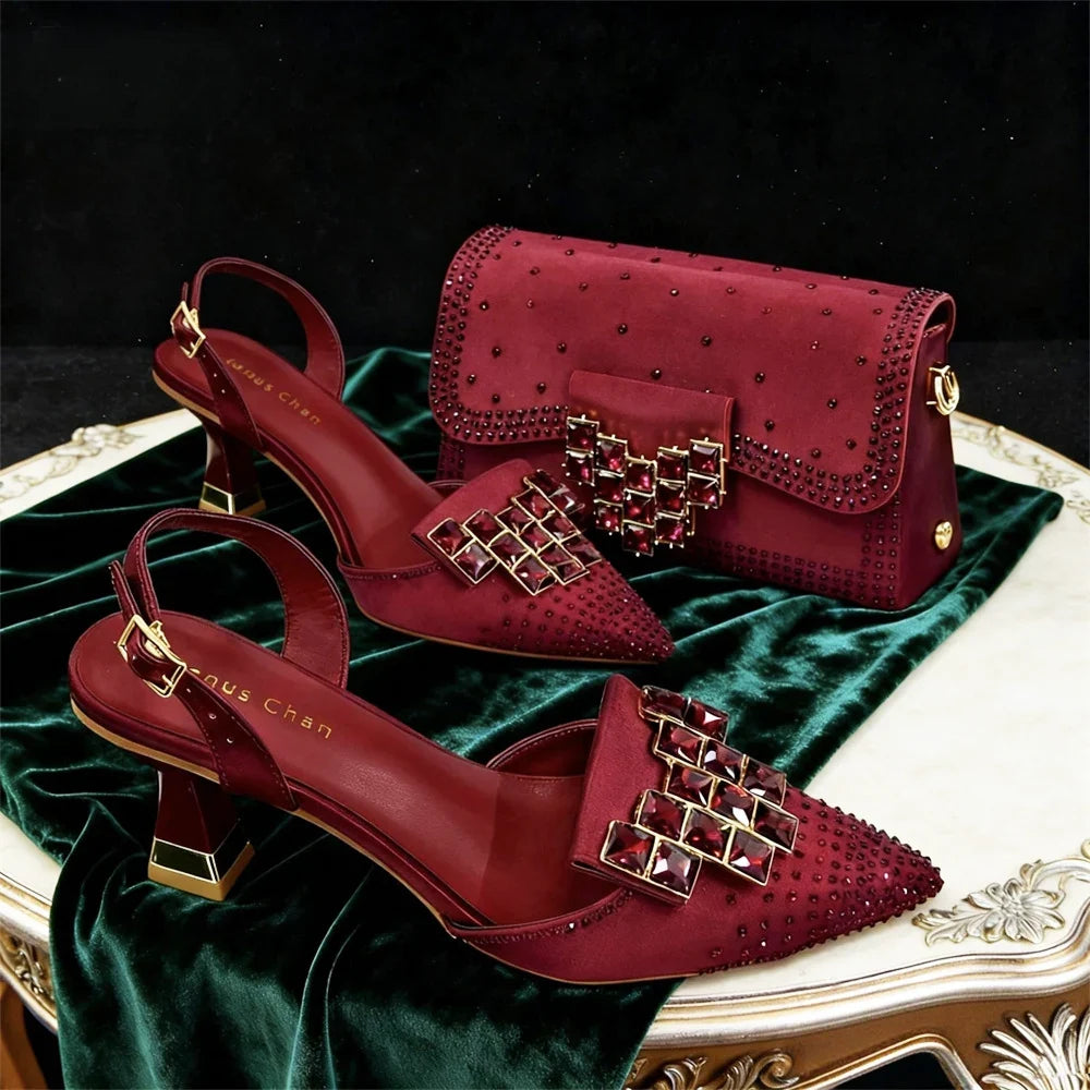 Venus Chan 2026 INS Italy Elegant Rhinestone Pointed Toe High Heels & Matching Bag Set - Perfect for Women's Parties & Weddings