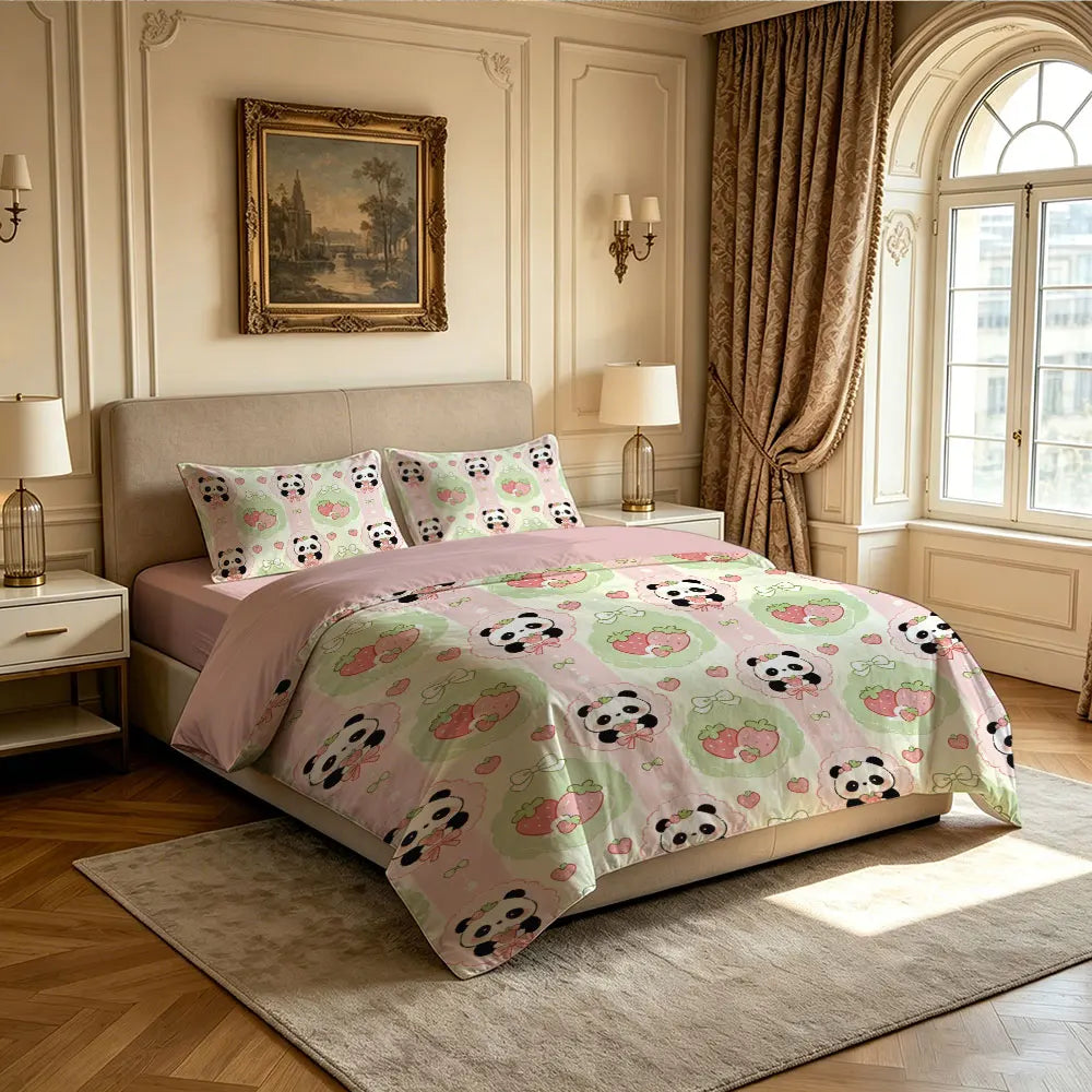 3pcs Cartoon Panda Print Coreless Duvet Cover Cool Summer Lightweight Bedding Set Multi Size Bedroom Bedding Decoration