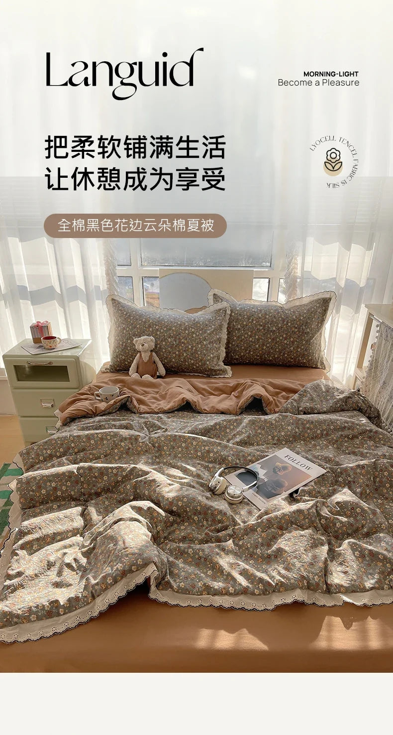 Summer Quilt Korean Style Duvet with Lace Single/Queen Size Comforter Flower Printed Quilted Blanket 여름이불 (No Pillowcase)