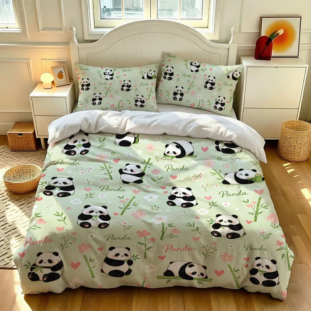 3pcs Cartoon Panda Print Coreless Duvet Cover Cool Summer Lightweight Bedding Set Multi Size Bedroom Bedding Decoration