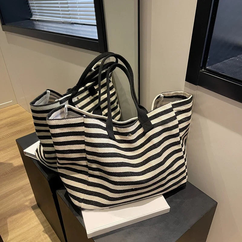 Casual Striped Canvas Bag for Women | Large Capacity Shoulder Bag & Daily Shopping Tote (Student Bookbag for School, Travel, Beach)