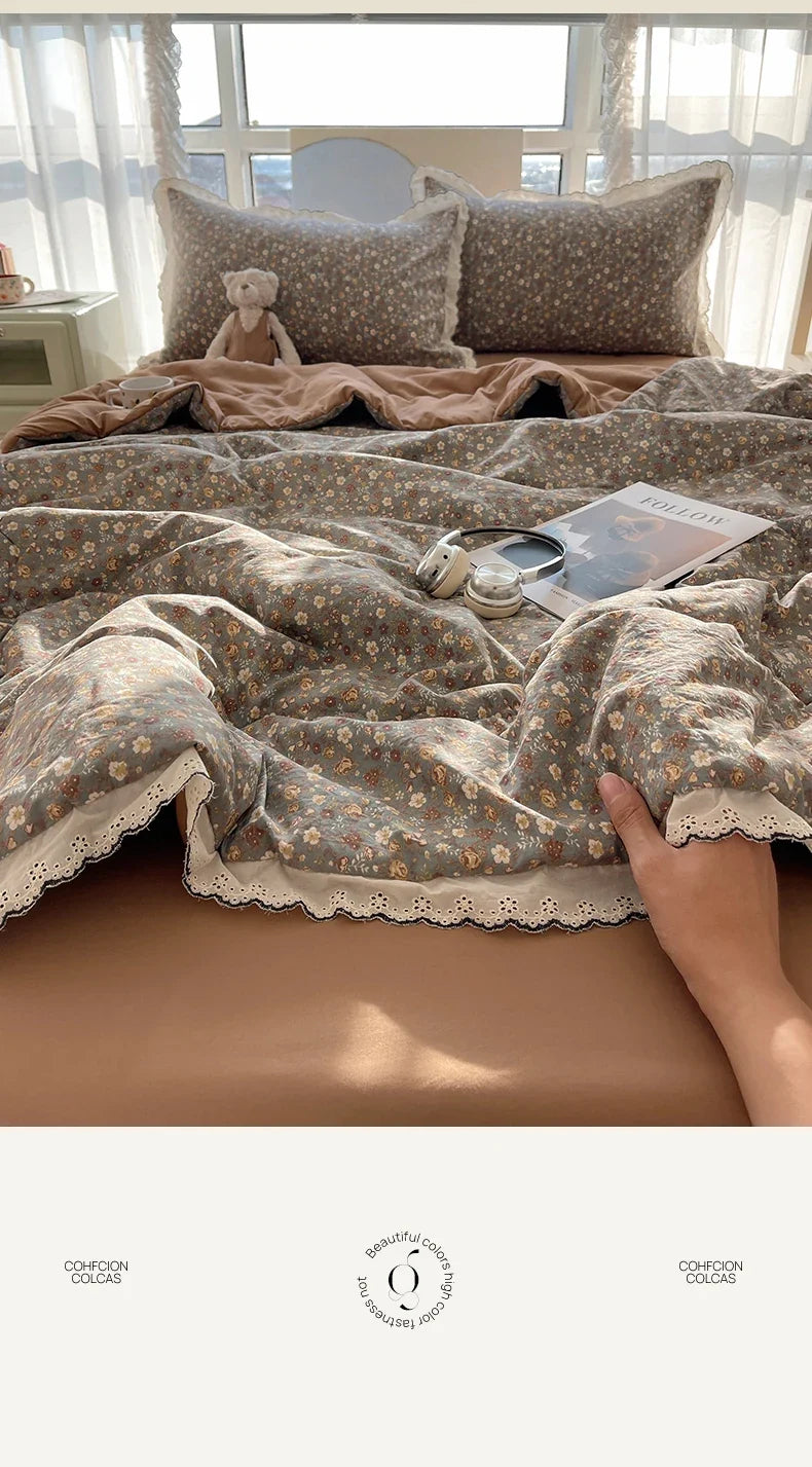 Summer Quilt Korean Style Duvet with Lace Single/Queen Size Comforter Flower Printed Quilted Blanket 여름이불 (No Pillowcase)