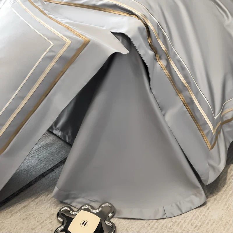 Hotel Style Bedding Set Luxury Golden Embroidery Duvet Cover Grey Egyptian Cotton Bed Sheets Pillowcases Solid Color Bedclothes