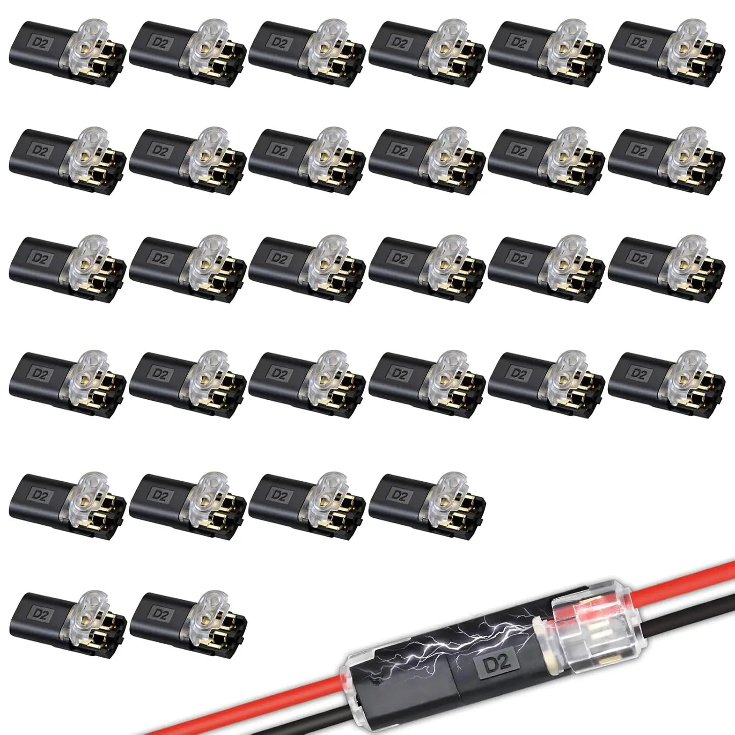 50Pcs D2 Quick Connect Wire Connectors – Optional Stripping Double Wire Plug in Connector with Locking Buckle,