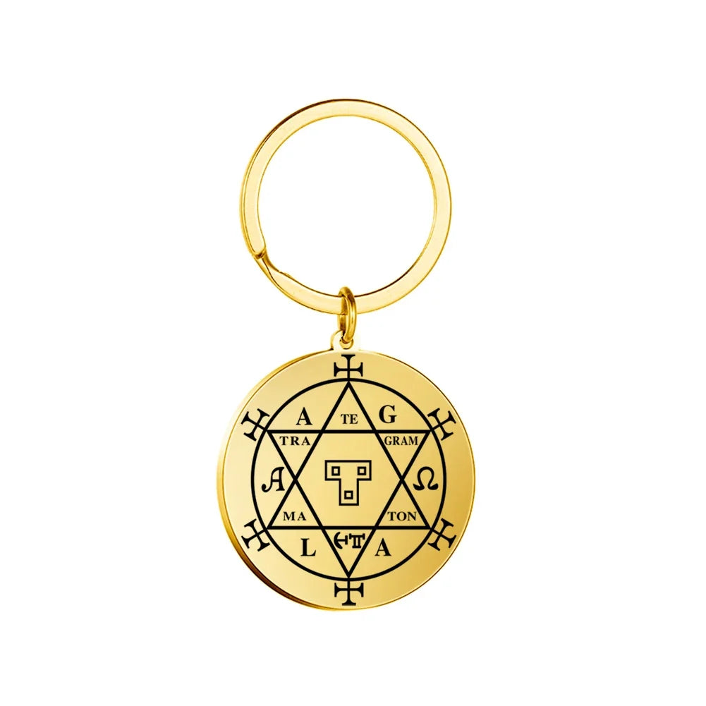 Dawapara Protection Secret Seal of Solomon Pendant Keychain Witchcraft Hexagram Wealth Fortune Amulet Stainless Steel Jewelry
