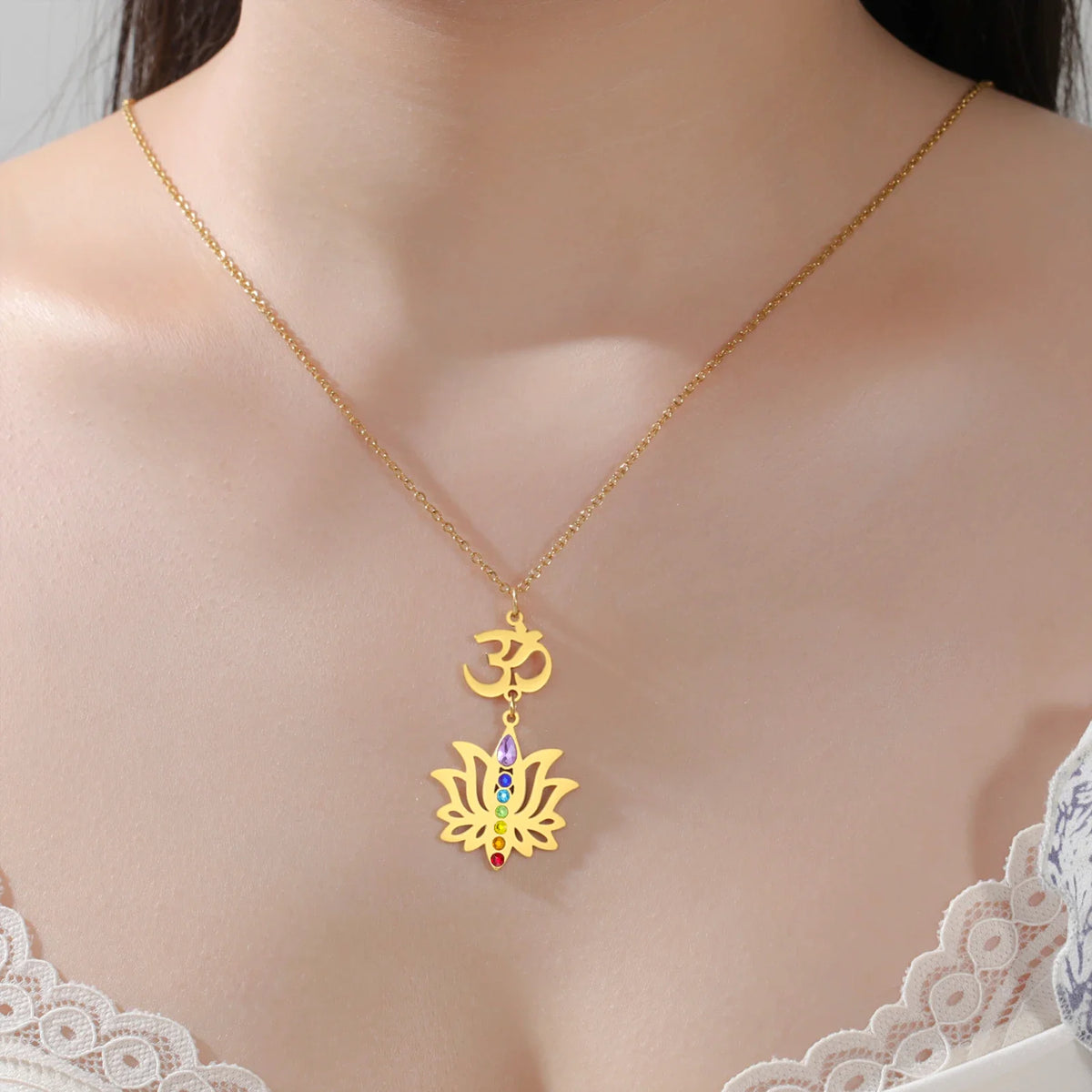 Gold Plated 7 Chakra Lotus Flower Necklace with Om Symbol Spiritual Yoga Jewelry Seven Colorful Zircon Lotus Flower Necklace