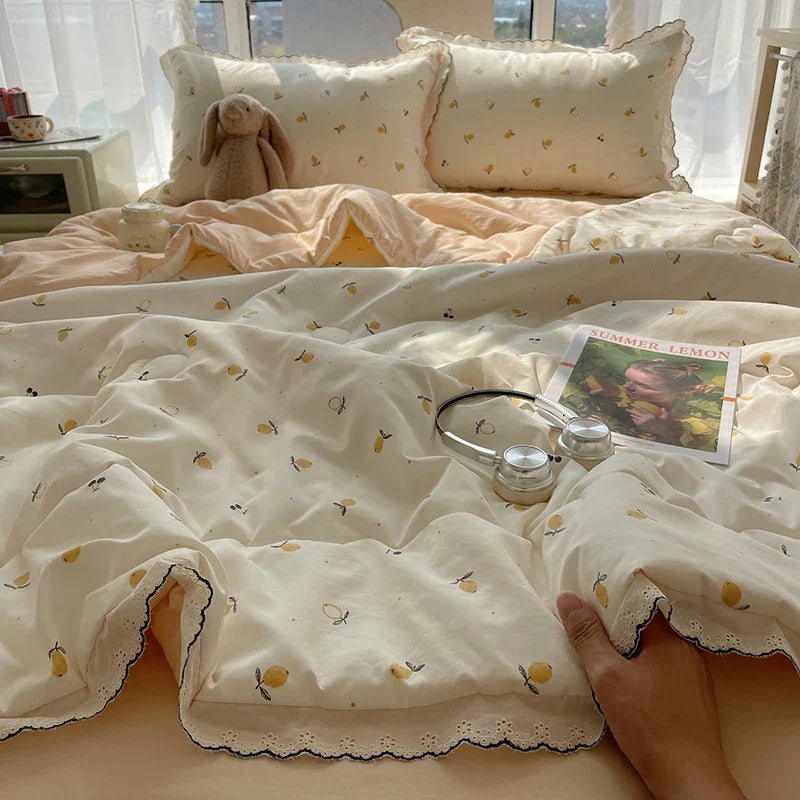 Summer Quilt Korean Style Duvet with Lace Single/Queen Size Comforter Flower Printed Quilted Blanket 여름이불 (No Pillowcase)