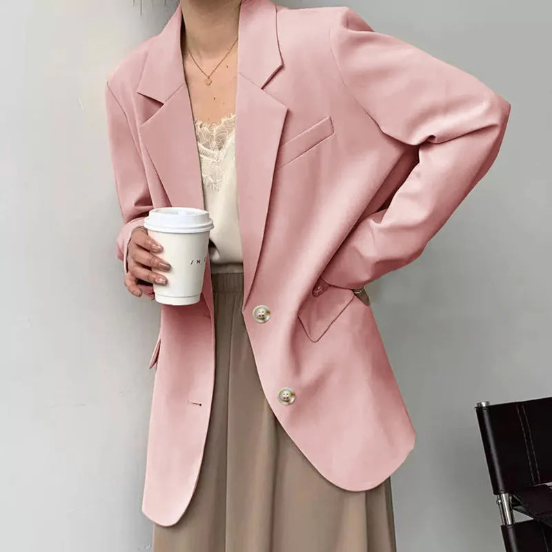 Mid Length Blazer Jacket Women Solid Long Sleeve Pocket Lapel Single Beasted Formal Coat Outerwear Loose Work Casual Blazers