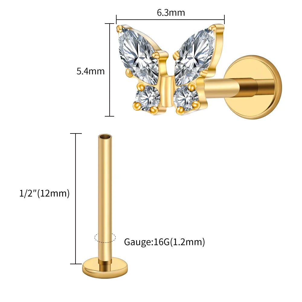 Right Grand ASTM F136 Titanium 16G Mini Butterfly CZ Labret Tragus Cartilage Conch Forward Helix Stud Nose Piercing Body Jewelry