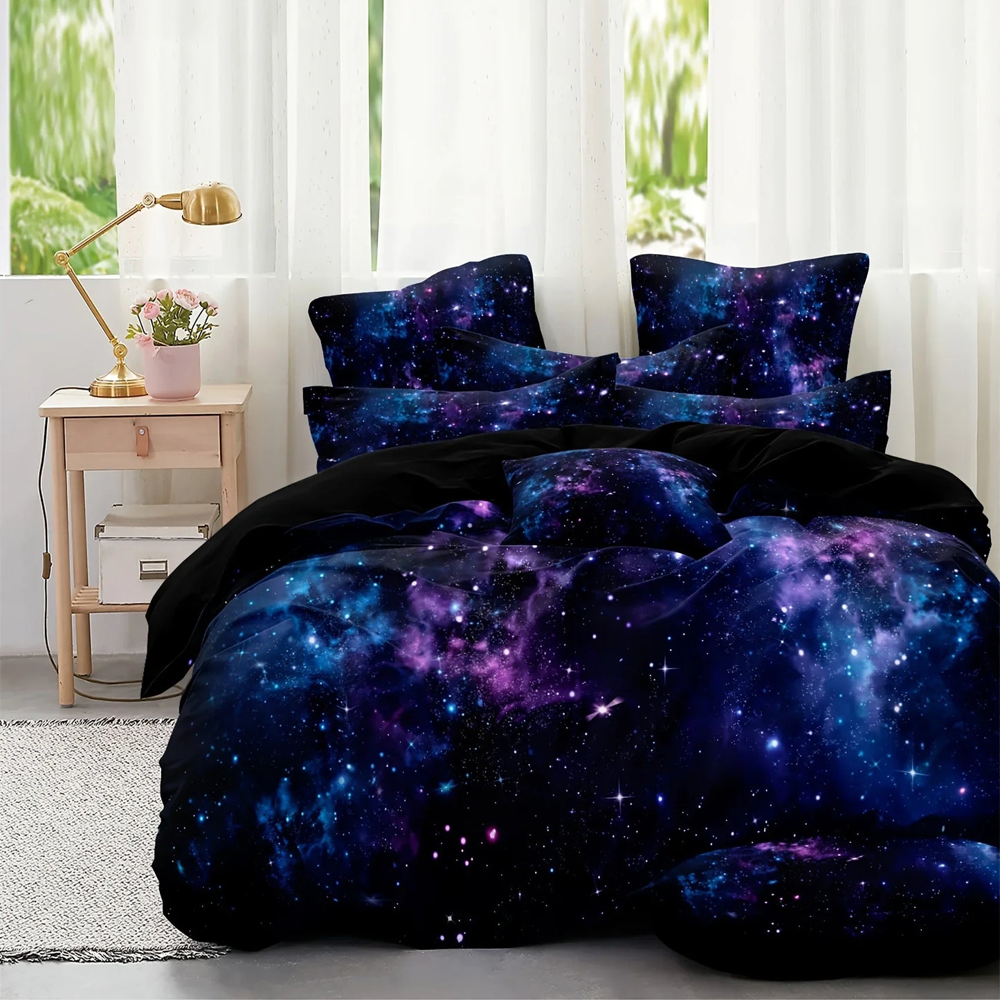 Soft and Comfortable Purple Star Galaxy Print Duvet Cover Set - Washable Microfiber Bedding for Bedroom and Guest Room