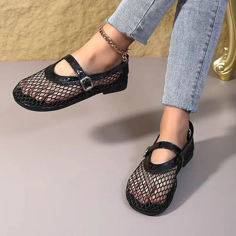 Women's Mary Jane Flats 2026 New Hollow Out Mesh Breathable Fishnet Ankle Strap Casual Summer Sandals