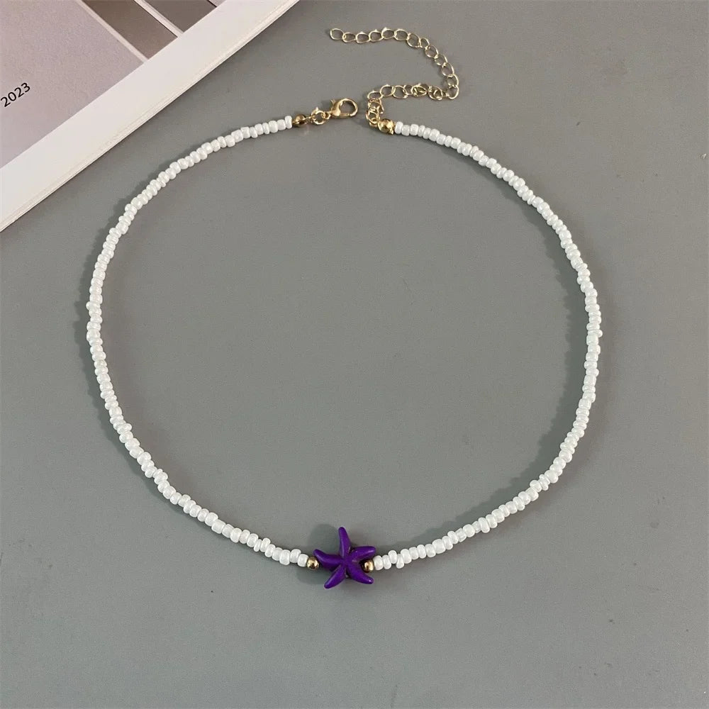 Shell Starfish Woman Short Necklace Summer Holiday Gift Handmade Choker  Seed Beads Neck Jewelry White