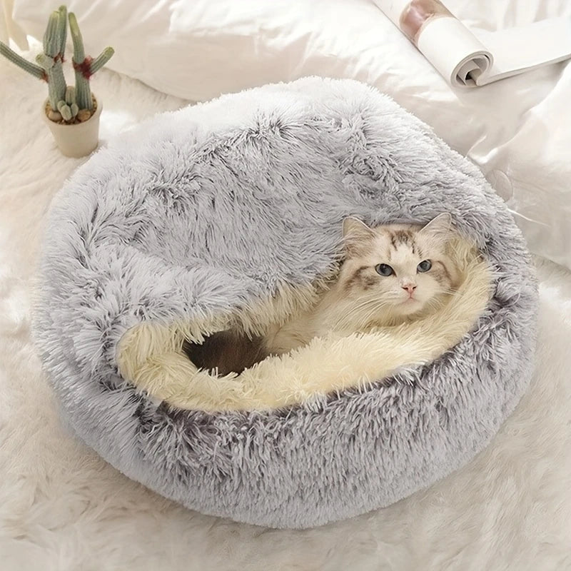 Plush Hooded Cat Cave Bed Round Semi‑Enclosed Shell Pet Nest Washable Anti‑Slip Warm All Season Sleeping Bed For Cats Small Dogs