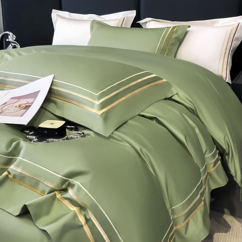 Hotel Style Bedding Set Luxury Golden Embroidery Duvet Cover Grey Egyptian Cotton Bed Sheets Pillowcases Solid Color Bedclothes