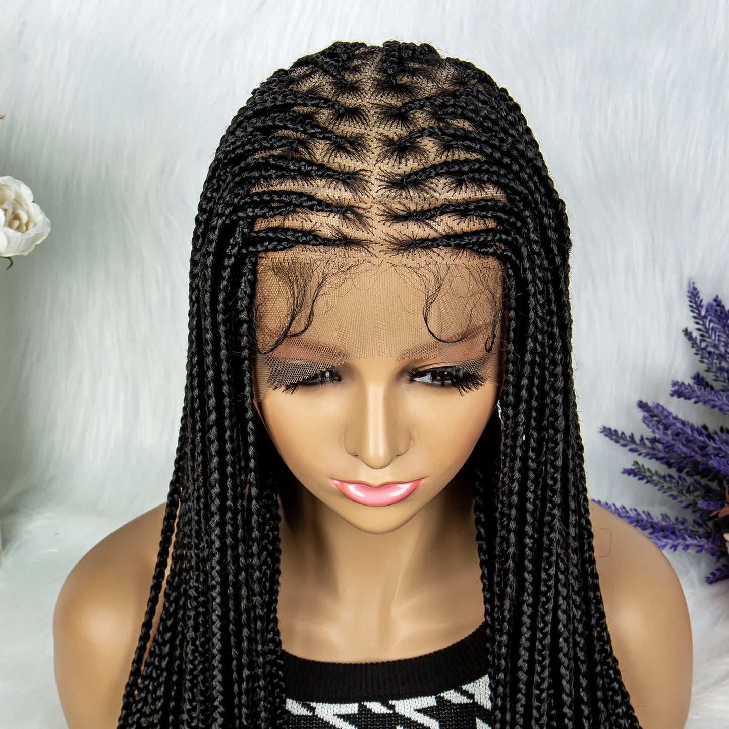 HD Full Lace Knotless Box & Cornrow Braided Wig | Transparent Lace | Synthetic Crochet Braids for Black Women