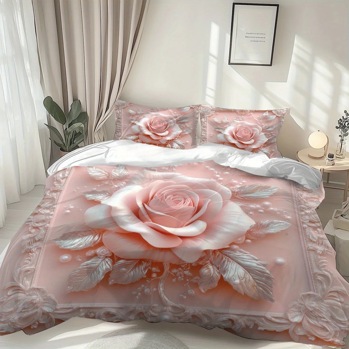 Latacaca 2/3Pcs Pink Rose Duvet Cover Set, Soft Comfortable Floral Bedding with Pillowcases, Machine Washable Queen King Size