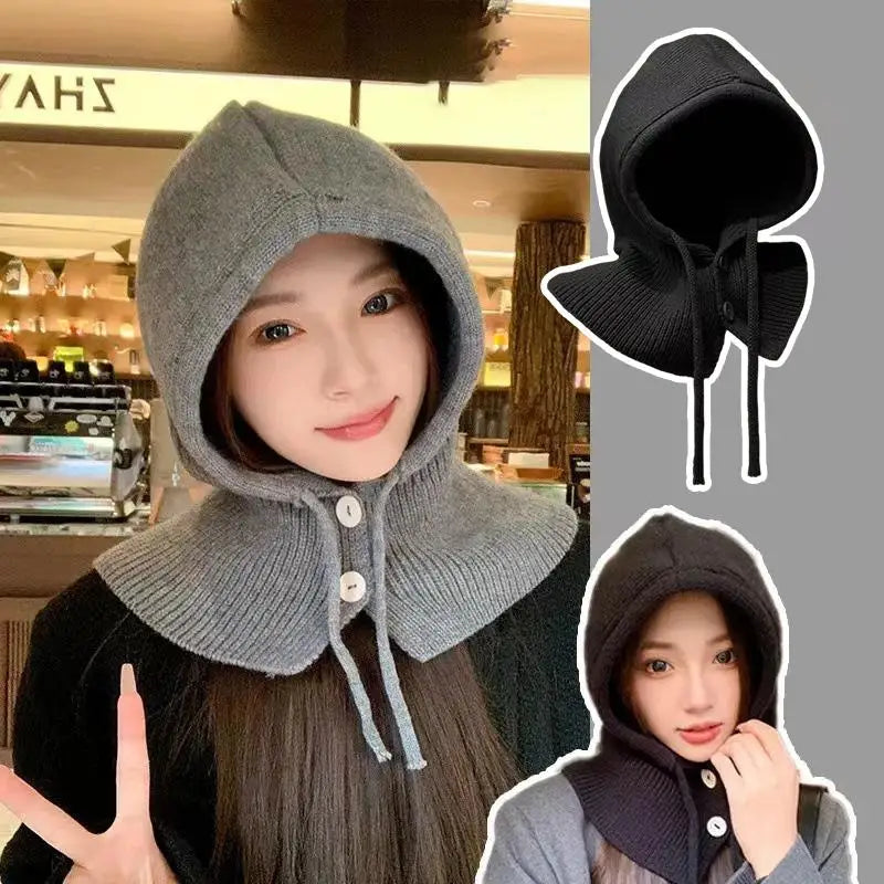 Winter Balaclava Hat Warm Knitted Women's Hood Hat Solid Color One-piece Neck Pullover Cap Outdoor Cashmere Caps