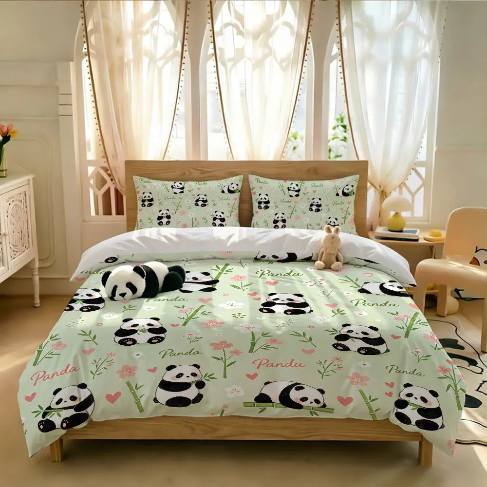 3pcs Cartoon Panda Print Coreless Duvet Cover Cool Summer Lightweight Bedding Set Multi Size Bedroom Bedding Decoration