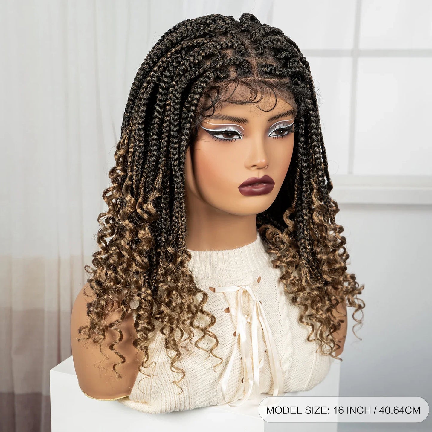 Burgundy Boho Knotless Braids Bob Wig with Curly Ends | Full Lace