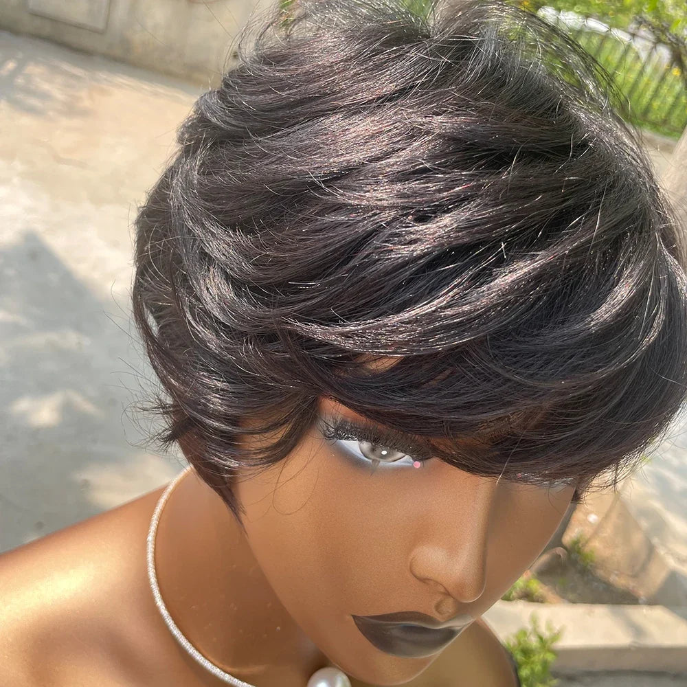 Short Pixie Cut Human Hair Wig with Bangs | Brazilian Remy, Machine Made