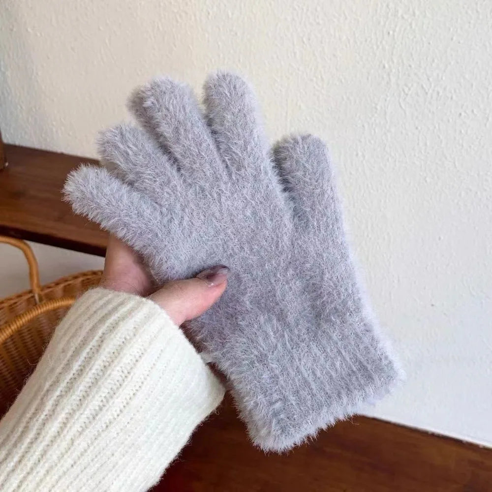Fashion Winter Mink Velvet Five Finger Gloves Plush Warm Cold-proof Gloves Women Outdoors Cycling Solid Color Winter Gloves