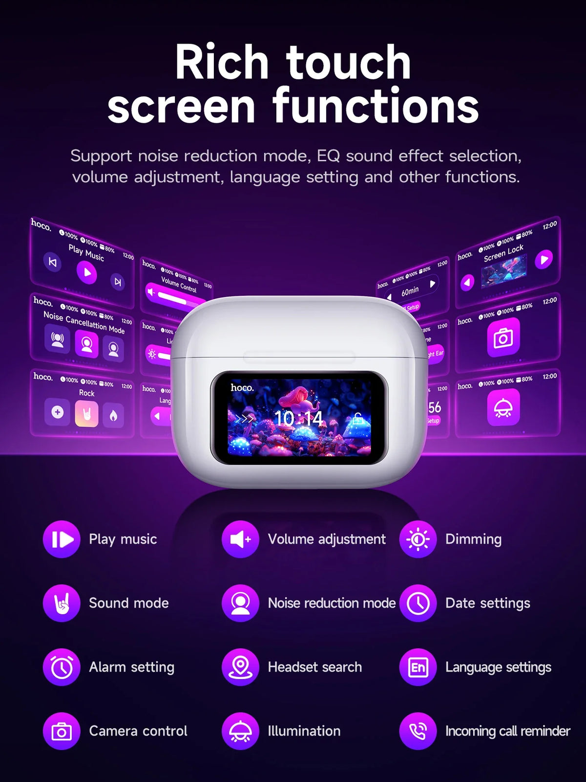 HOCO EW72 Wirelss Bluetooth 5.4 ANC Noise Reduction Earphone With LED Full Touch Smart Screen Charging Box Music Sports Earbuds