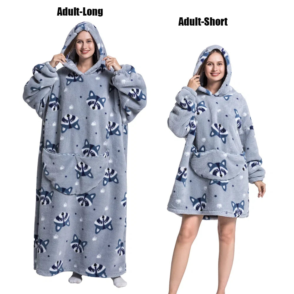 Women Plush Fleece Blanket Men Warm Thick Hoodies Adult Giant TV Blanlets with Sleeves Super Long Cold-proof Homewear Pajamas