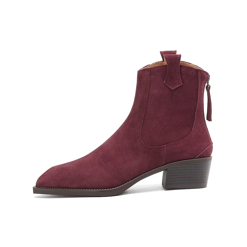 New 2025 Trend Autumn Winter Cow Suede Women Western Boots Black Brown Khaki Purple Green Burgundy Pointed Toe Lady Ankle Boots